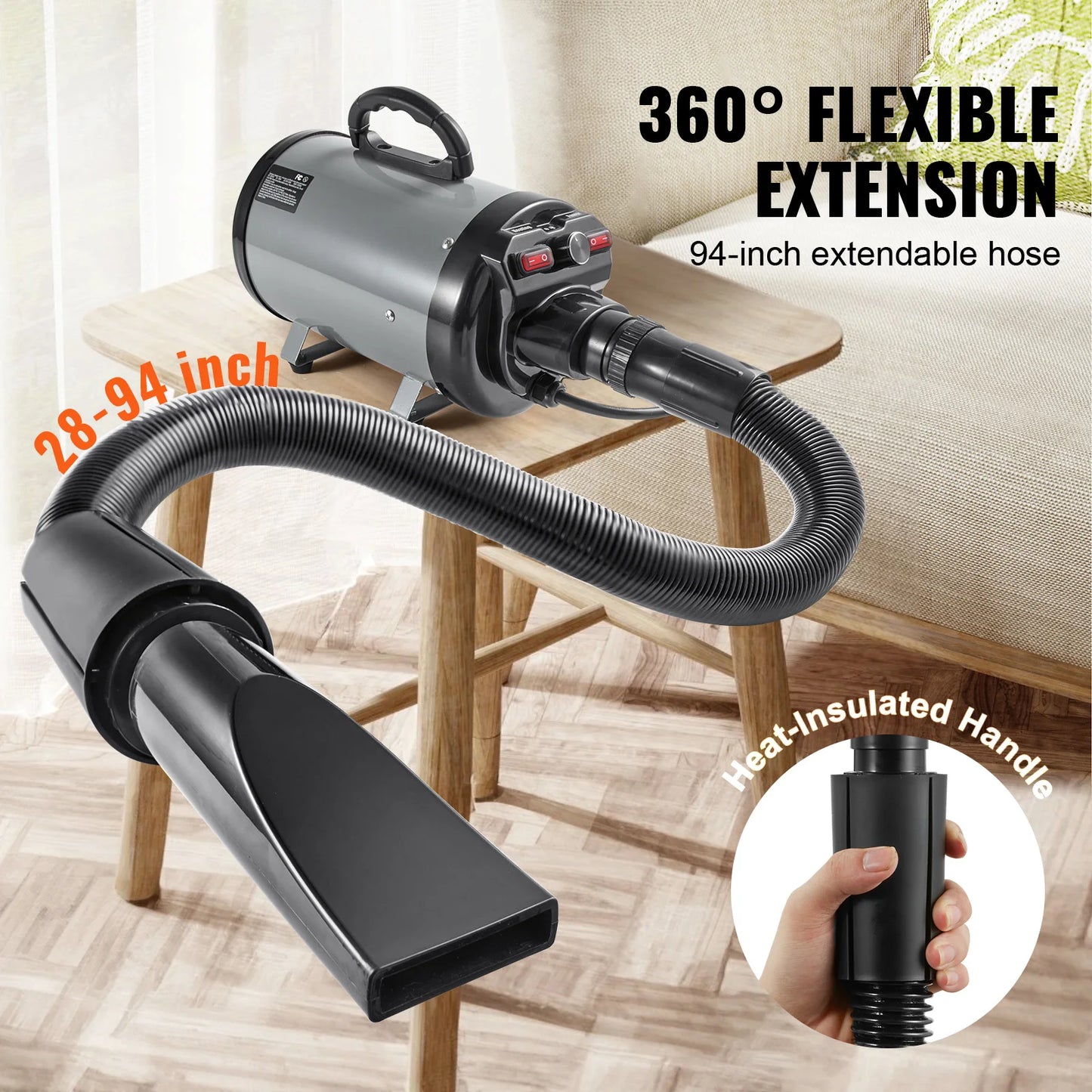 Dog Blow Dryer 2000W Adjustable Speed Temperature Extendable Hose Nozzles