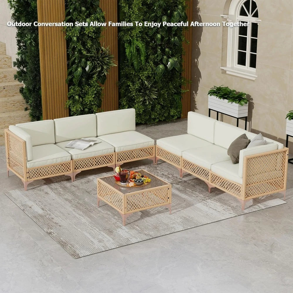 Outdoor Wicker Sectional Patio Set Boho Sofa With Coffee Table