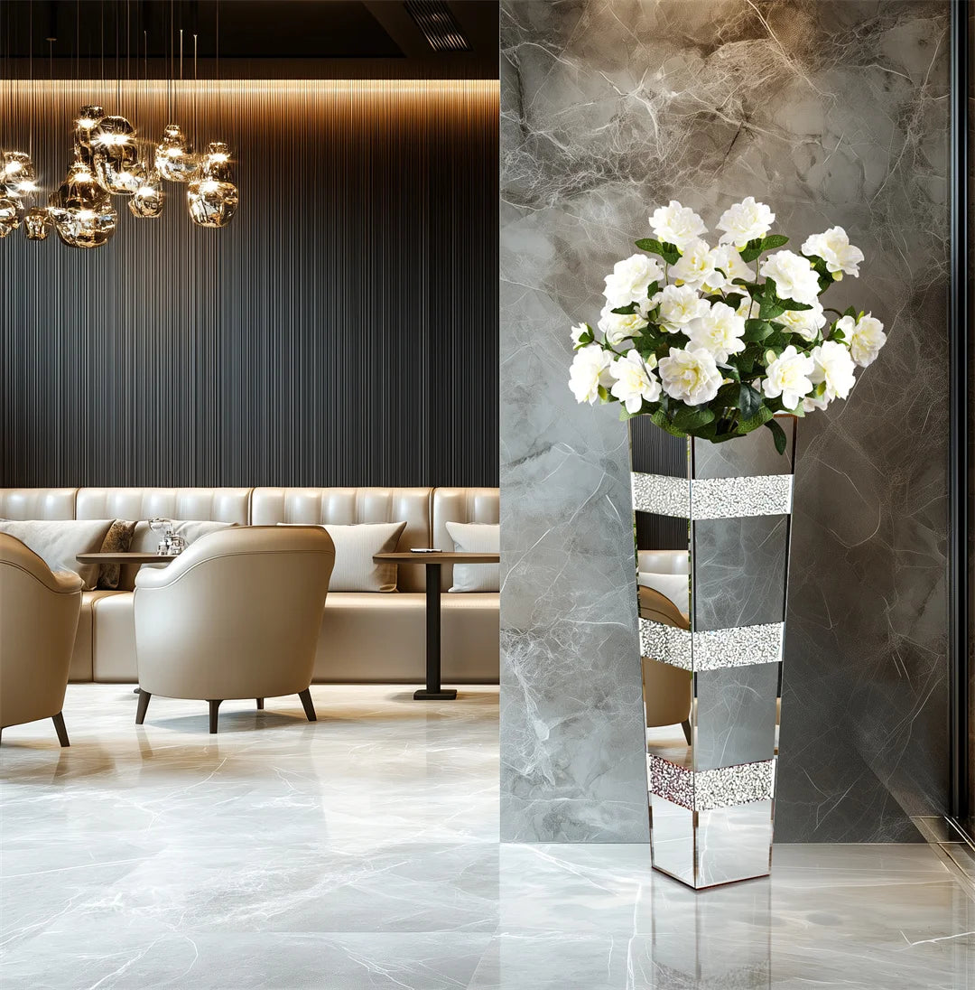 Modern Floor Vase With Crystal Diamond Accents And Mirrored Finish