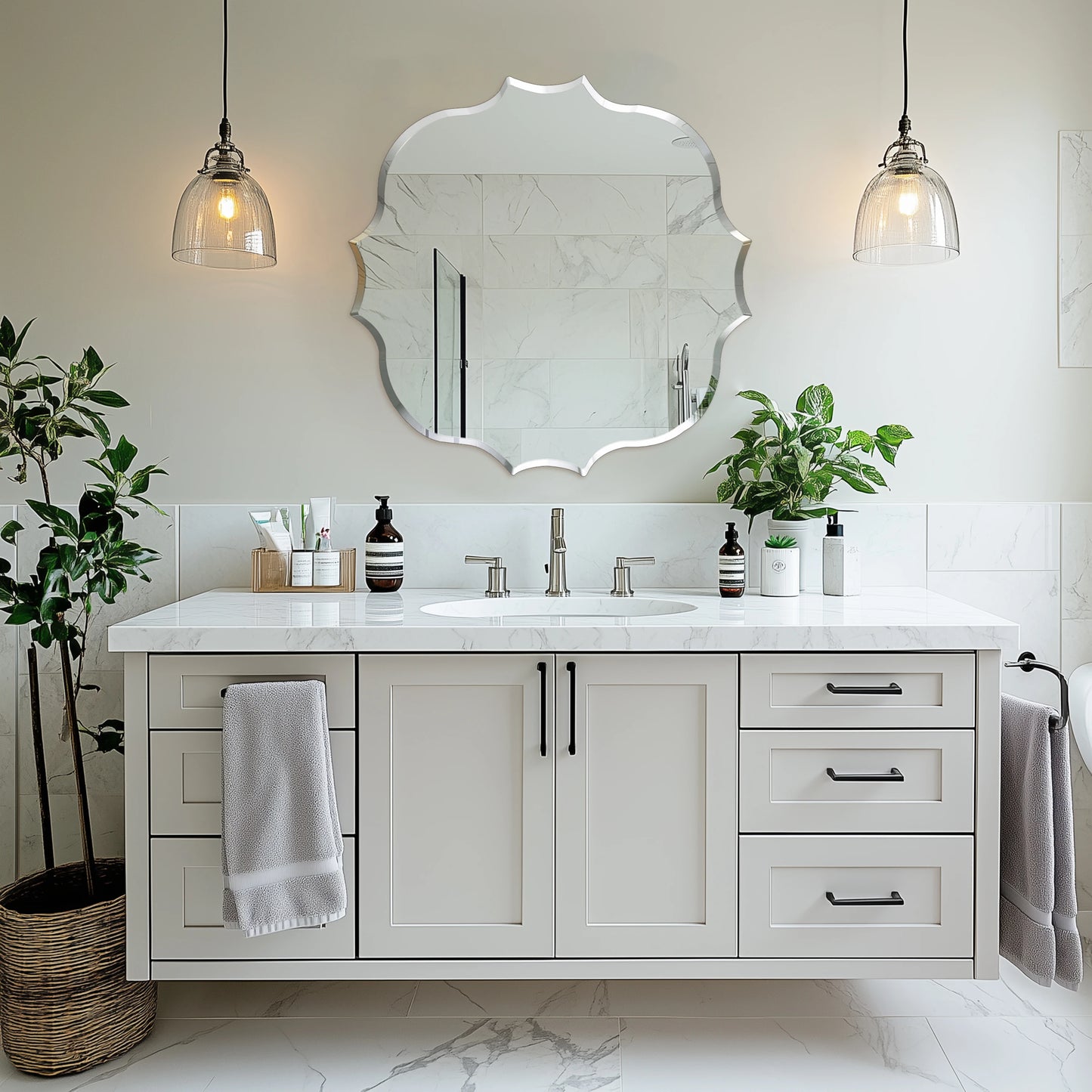 Wisfor Scalloped Edge Beveled Frameless Bathroom Wall Mirror
