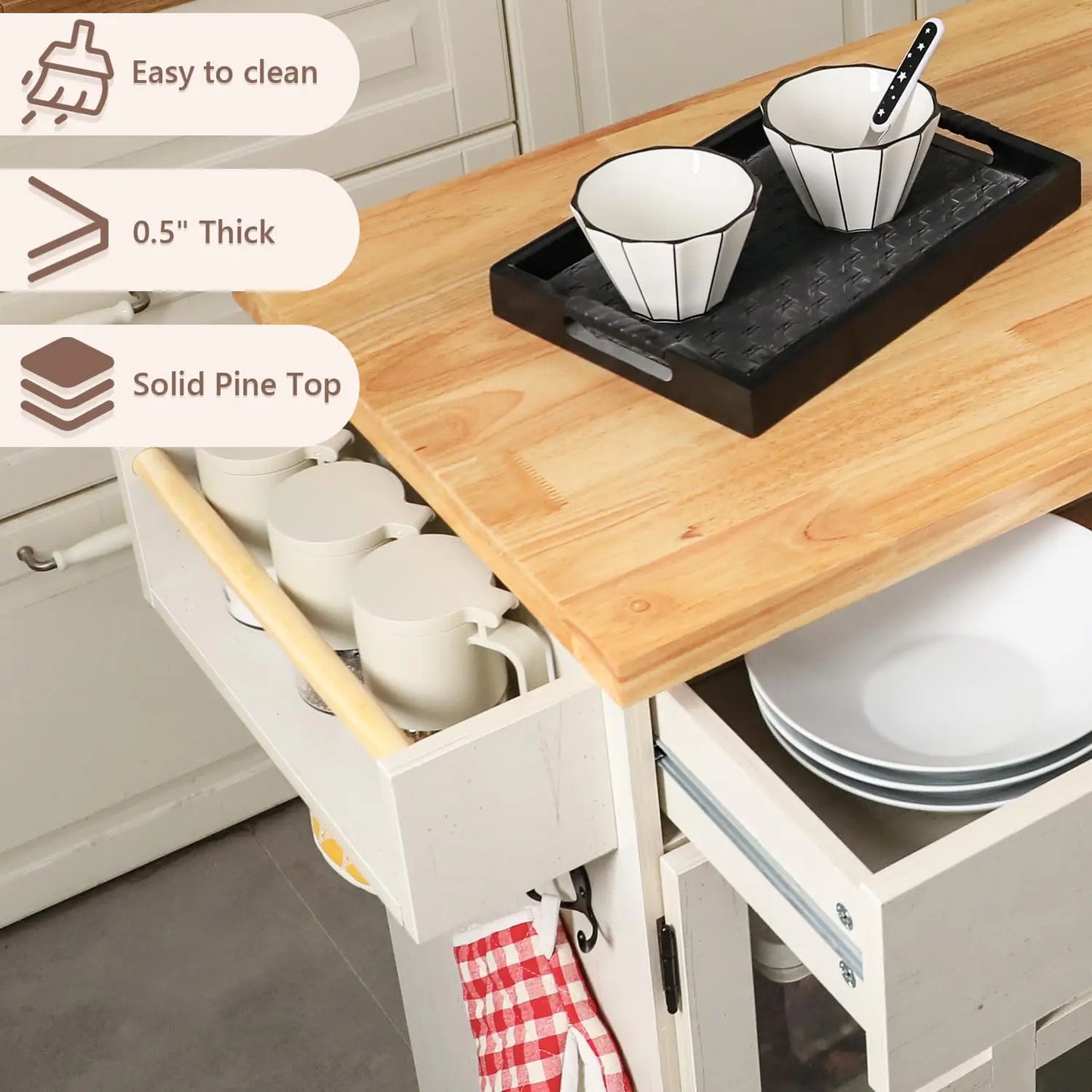 Rolling Kitchen Island With Storage On Wheels With Two Drawers