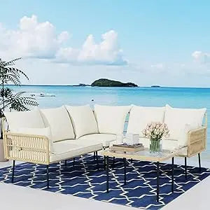 Outdoor Wicker Sectional Patio Set Boho Sofa With Coffee Table