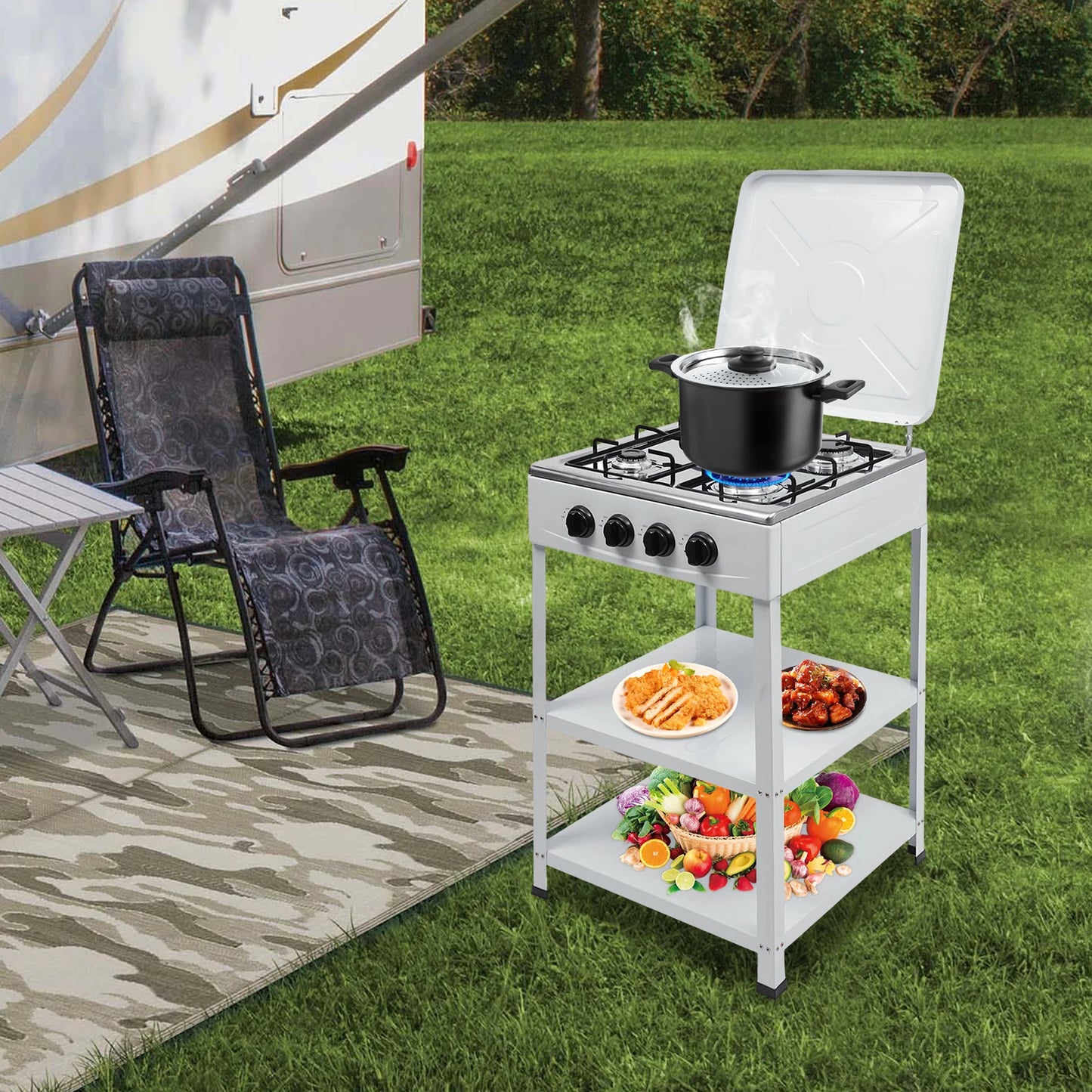 4 Burner Propane Gas Stove With Storage Shelves For Camping