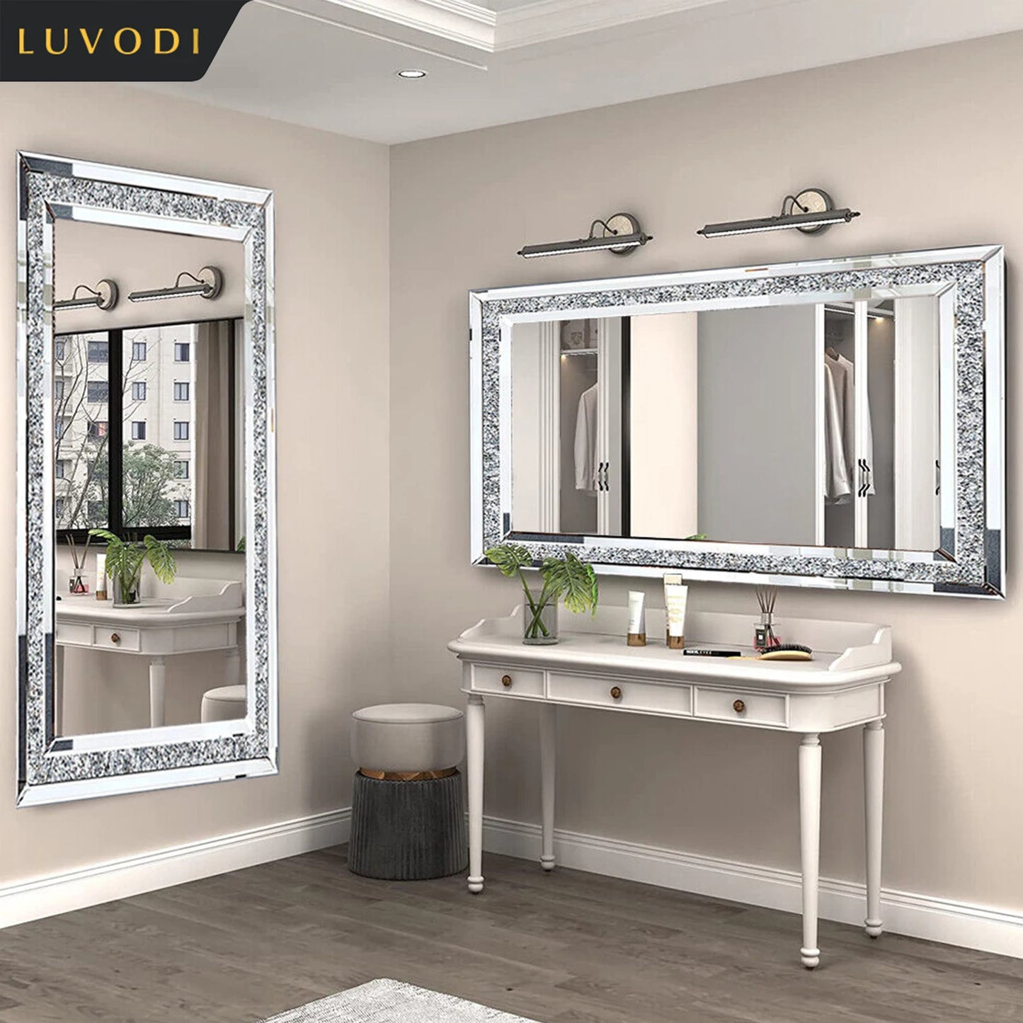 LUVODIH Frameless Crystal Rhinestone Vanity Mirror Wall Mount