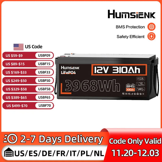 Humsienk 12V 310Ah LiFePO4 Battery 3968Wh With 100A BMS UL1973 RV