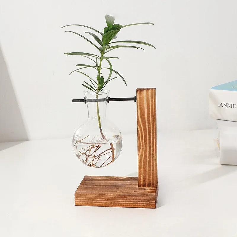 Wooden Frame Hydroponic Vase Transparent Glass Plant Pot For Home