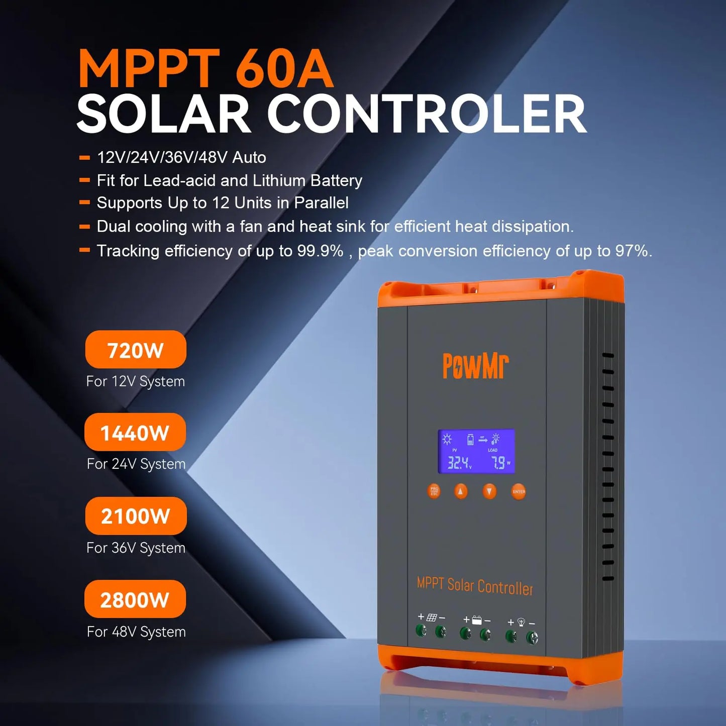 PowMr USA 60A MPPT Solar Charge Controller For 12V 48V