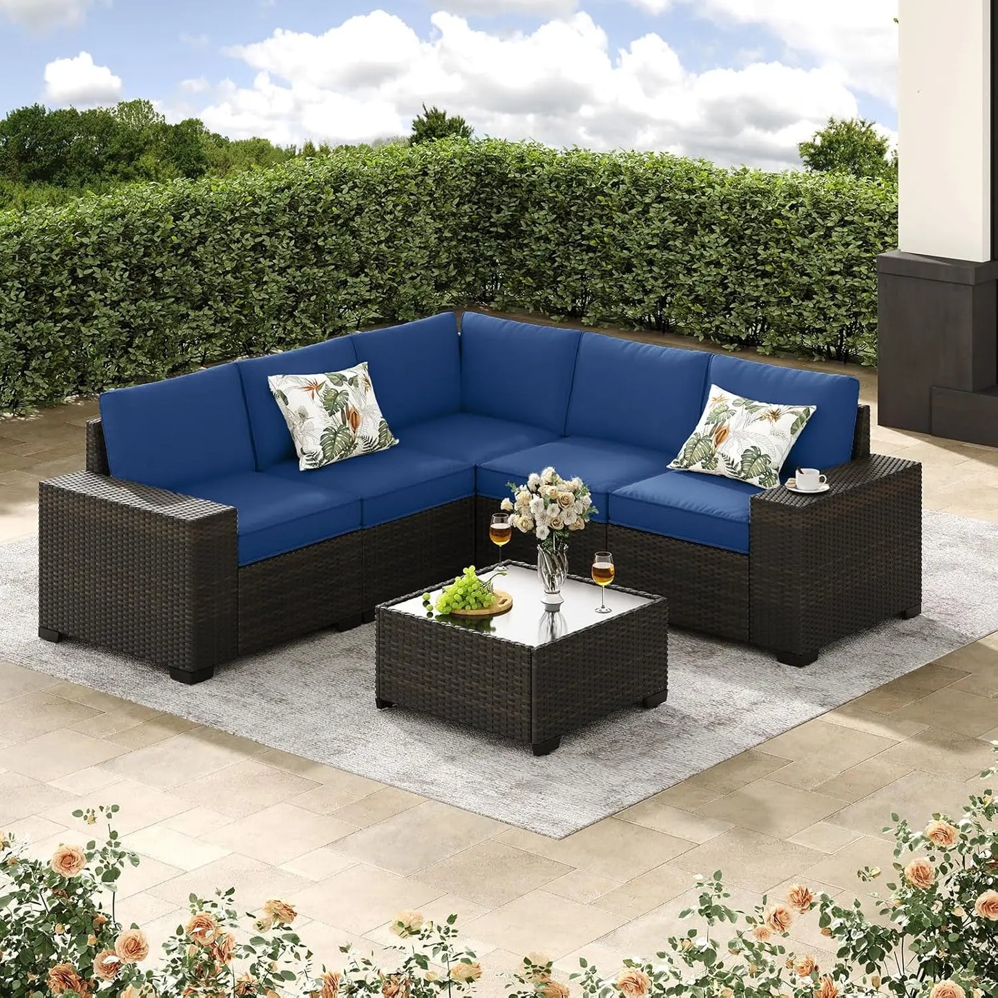 GUOHE L-Shaped Outdoor Wicker Patio Furniture Set With Cushions And Glass Table