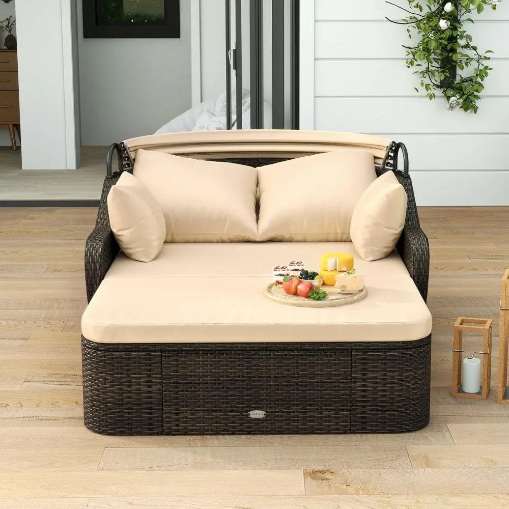 Outdoor Daybed With Retractable Canopy PE Rattan Double Chaise Lounge Pillows