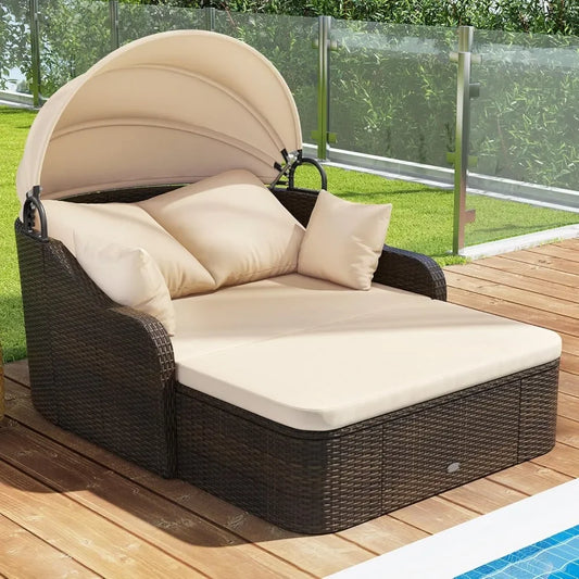 Outdoor Daybed With Retractable Canopy PE Rattan Double Chaise Lounge Pillows