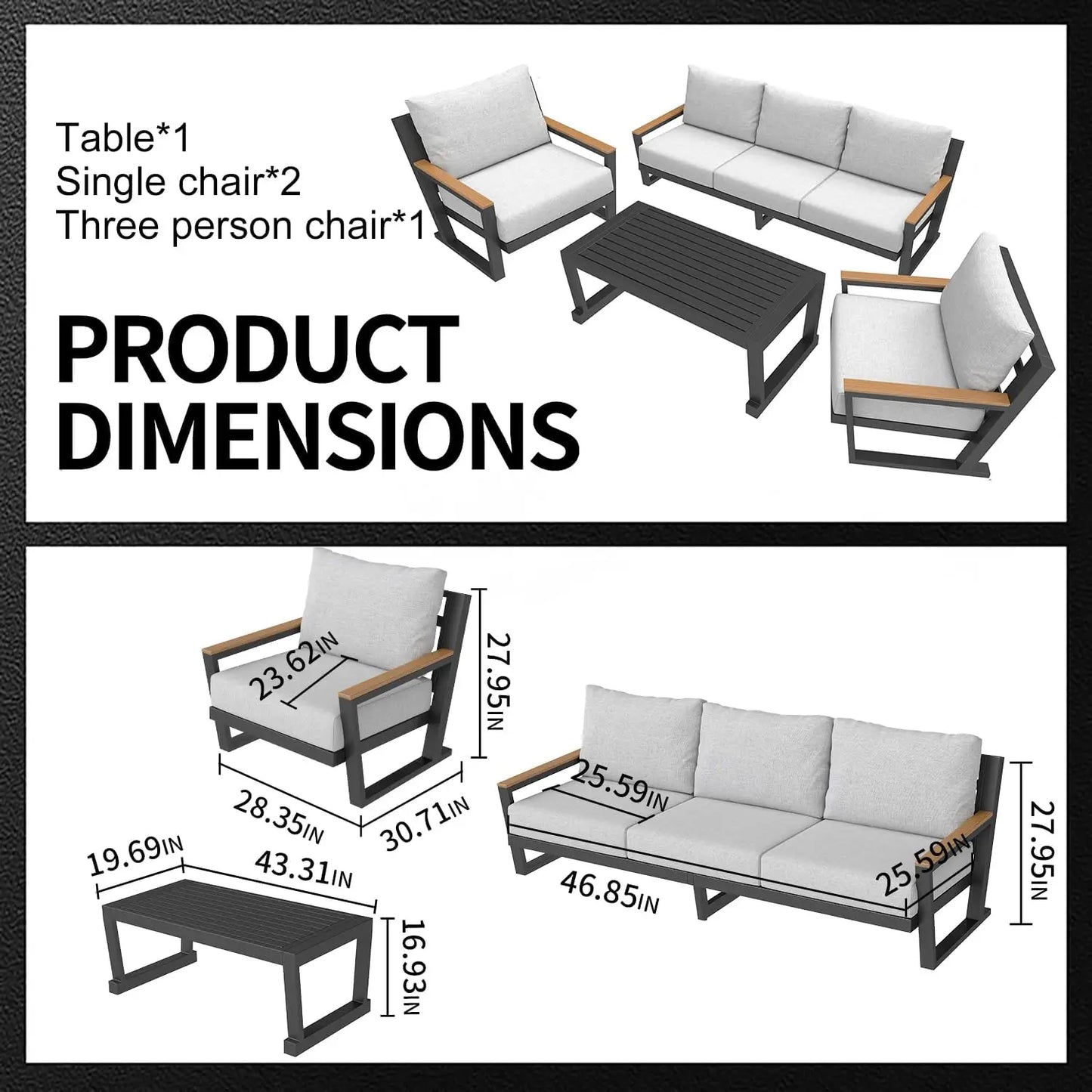 XMSJ Aluminum Outdoor Patio Furniture Set Modern Sectional Sofa Table