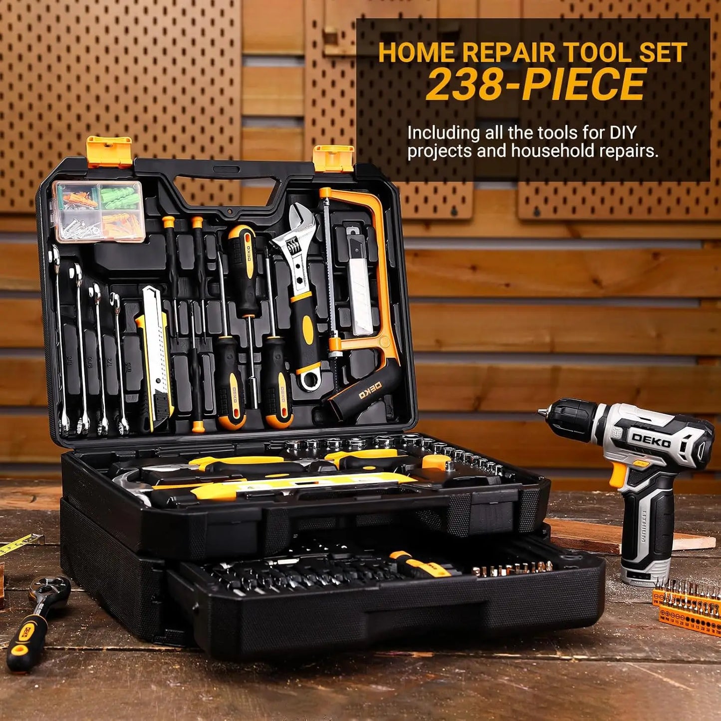 DEKODIY Home Mechanic Toolbox With 12V Cordless Drill Set