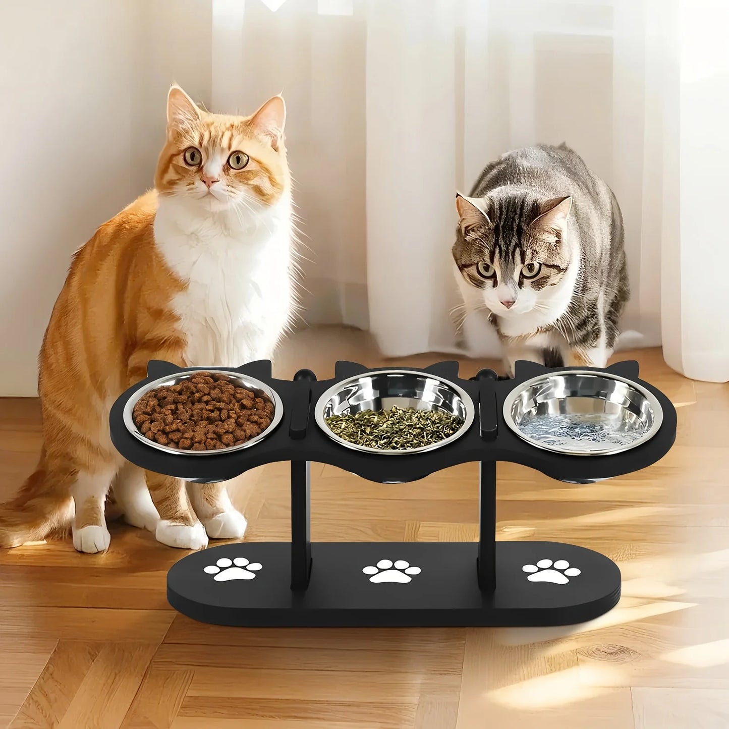 Elevated Cat Bowls Set 15 Degree Tilt With Wooden Stand