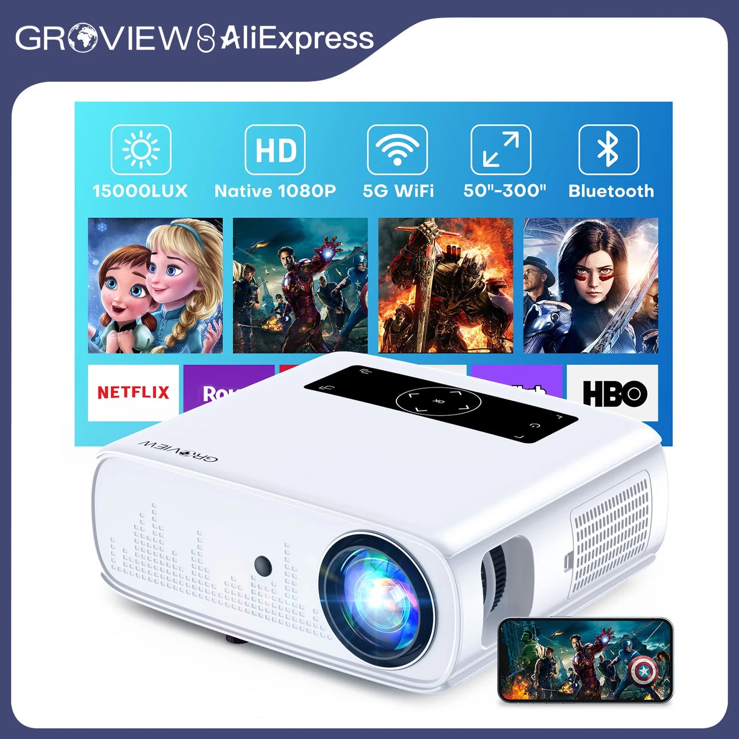 Groview 1080P Projector With WiFi Bluetooth 490 ANSI