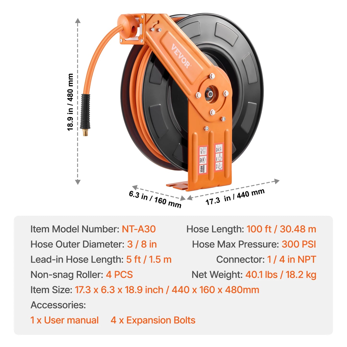 VEVOR Retractable Air Hose Reel Auto Rewind Wall Ceiling Mount