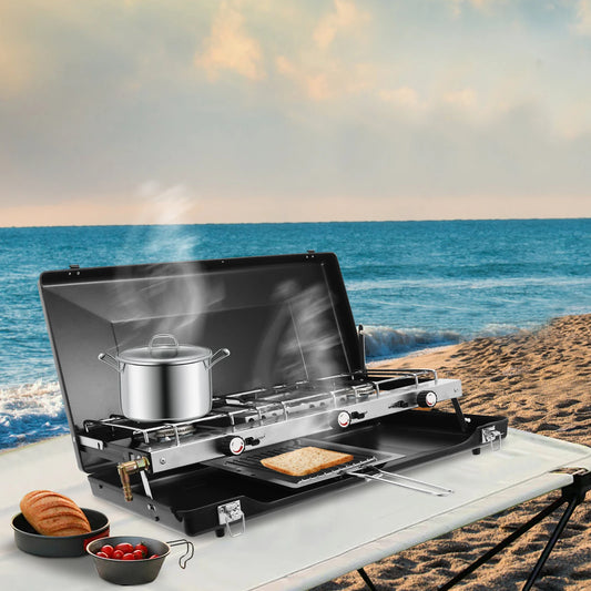 Portable 3 Burner Propane Camping Stove With Griddle Foldable Windshield